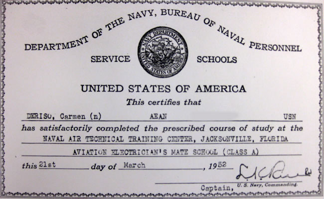 Carmen Deriso's Navy Certificate